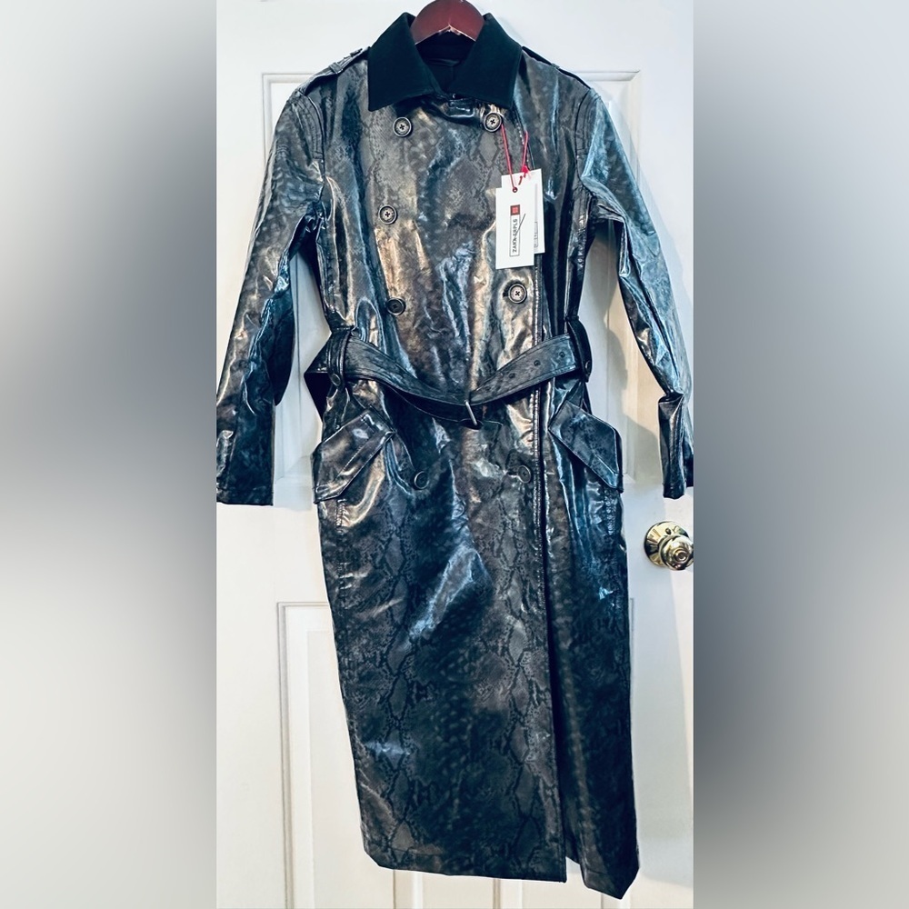 ZARA SURPLS XS City Chic Modern Snake Animal Pattern Wool Bl Belted Trench Coat